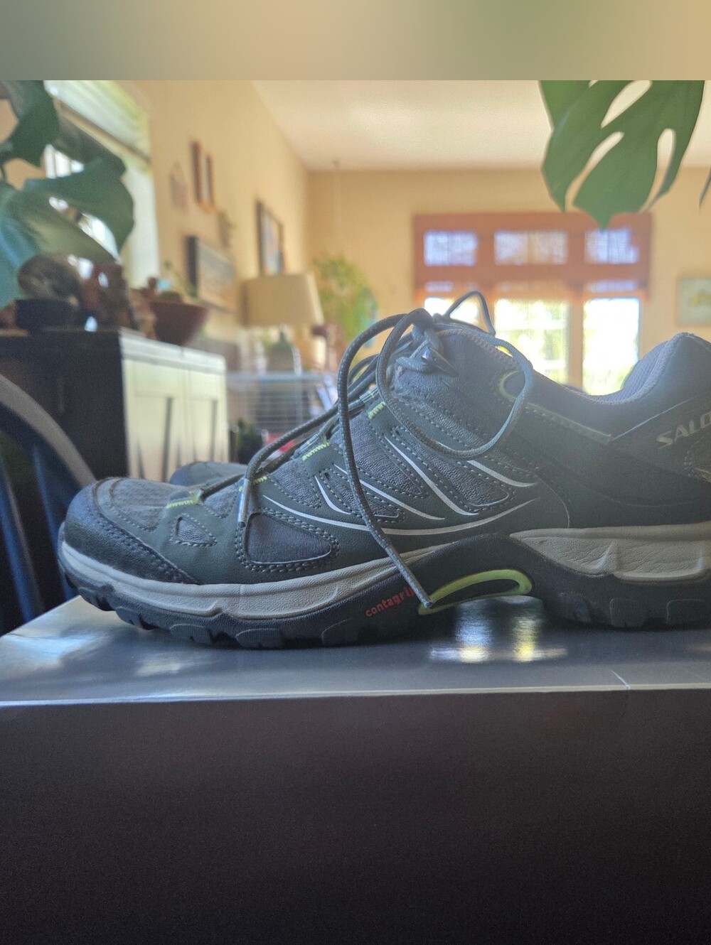 Salomon Women's Grey Trail Shoe with Lime Accents, Size 6.5